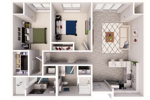 Rendered 2 bedroom layout for Merrill Gardens at Greenville in Greenville, South