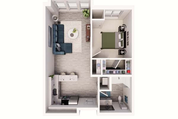 Rendered 1 bedroom layout for Merrill Gardens at Greenville in Greenville, South