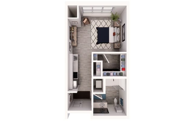 Rendered studio bedroom layout for Merrill Gardens at Greenville in Greenville, 