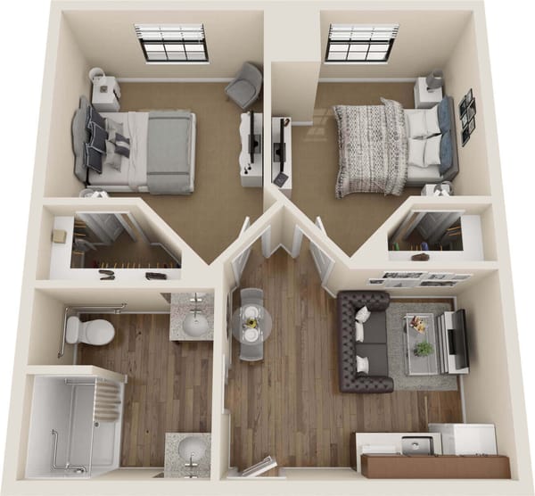 Aerial view of a two-bedroom floor plan layout