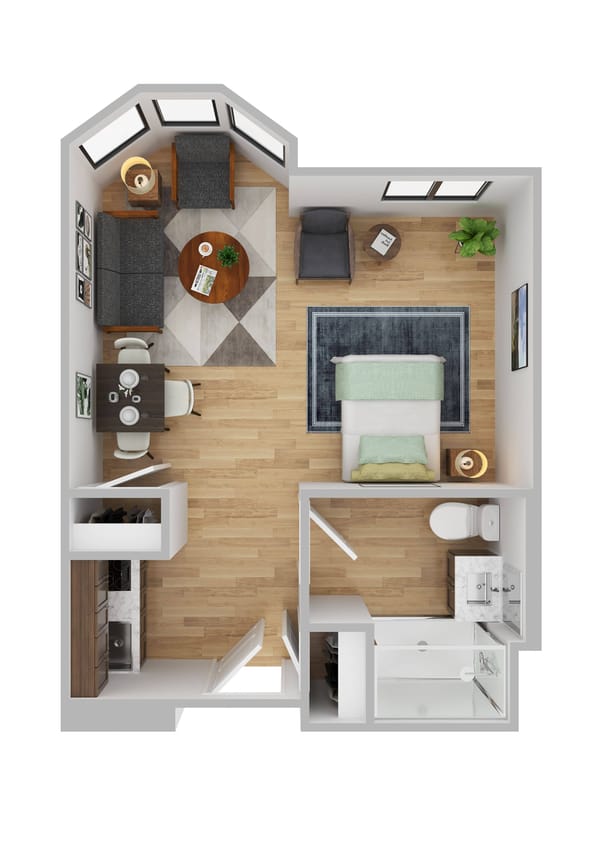 A floor plan layout of a small living unit