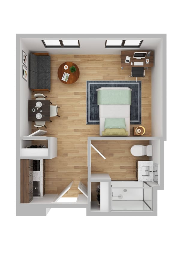 Layout of a private resident room with furnishings