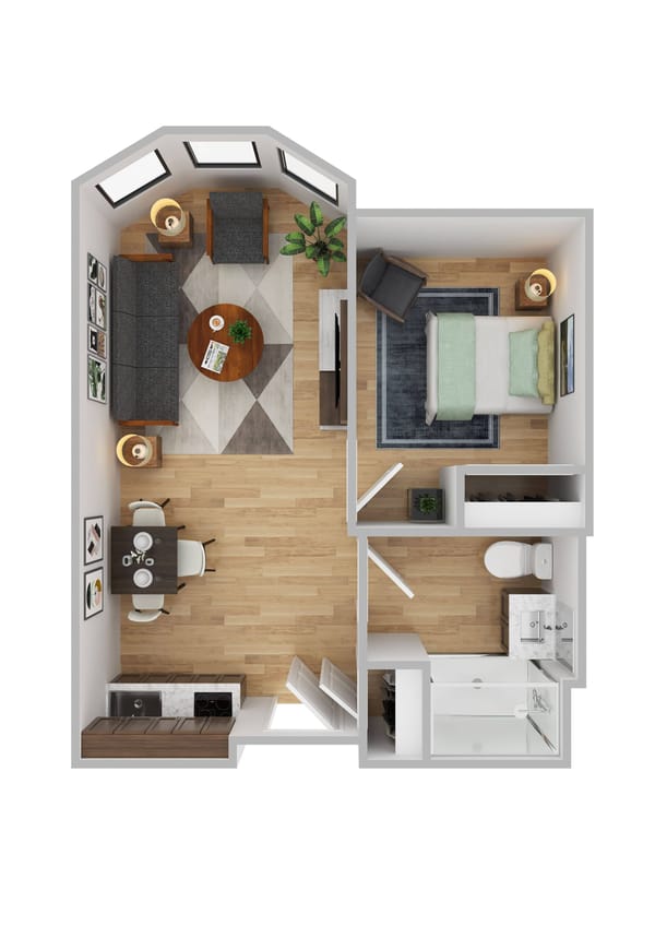 Aerial view of a small resident room layout