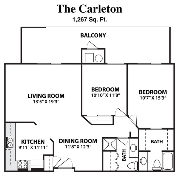 Architectural floor plan of a two-bedroom apartment