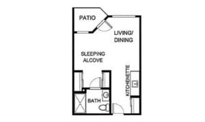 Asher Point Independent Living of Arlington, independent living in Arlington, TX — Floor plan of a one-bedroom independent living apartment