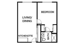 Asher Point Independent Living of Mobile, independent living in Mobile, AL — Floor plan layout of a one-bedroom apartment