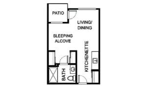 Architectural floor plan of a studio apartment