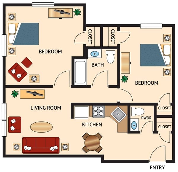 Architectural floor plan of a two-bedroom unit
