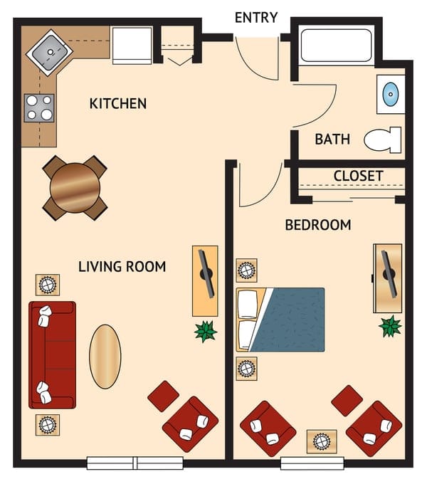 Architectural floor plan of a one-bedroom apartment
