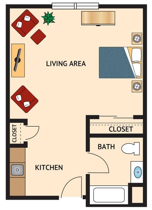 Architectural floor plan of a one-bedroom unit