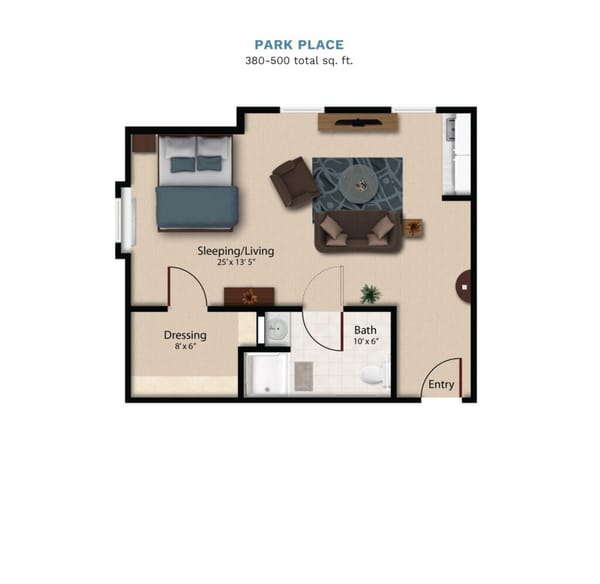 Vintage Park "Park Place" floor layout boasts 380-500 total square feet. This su
