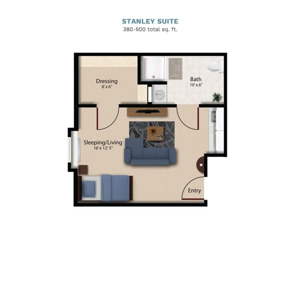 Vintage Park "Stanley Suite" floor layout boasts 380-500 total square feet. This