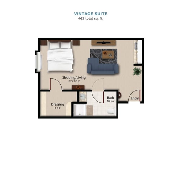 Vintage Park "Vintage Suite" floor layout boasts 462 total square feet. This sui