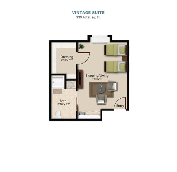 Vintage Park "Vintage Suite" floor layout boasts 300 total square feet. This sui