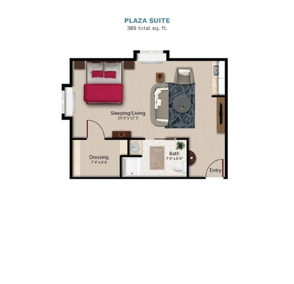Vintage Park "Plaza Suite" floor layout boasts 385 total square feet. This suite