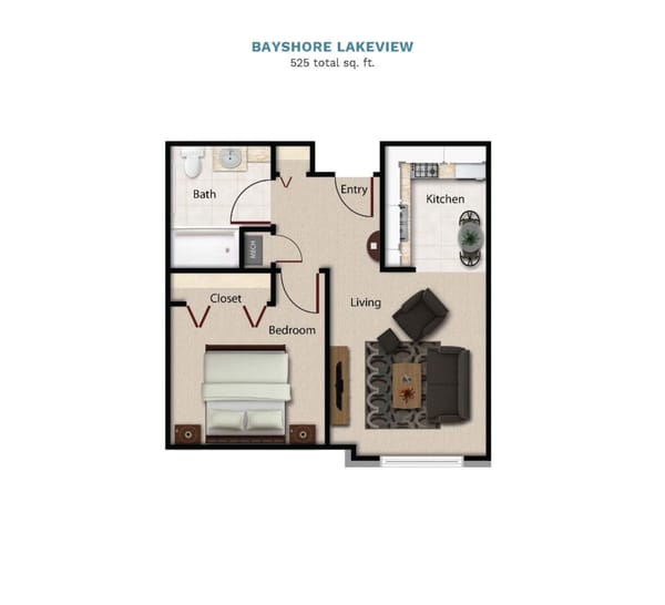 Vintage Park "Bayshore Lakeview" floor layout boasts 525 total square feet. This