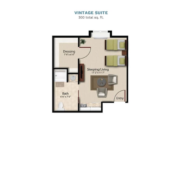Vintage Park "Vintage Suite" floor layout boasts 300 total square feet. This sui