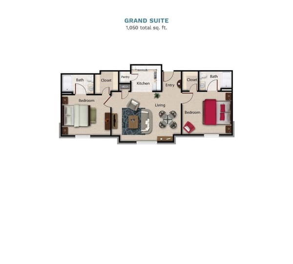 Vintage Park "Grand Suite" floor layout boasts 1,050 total square feet. This sui