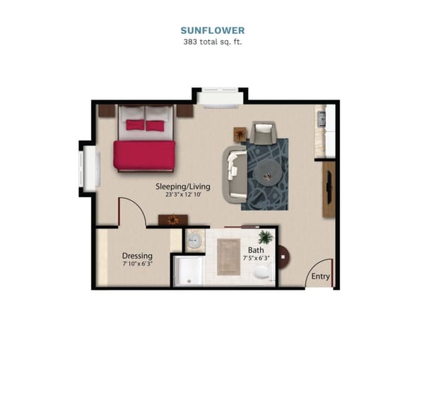 Vintage Park floor layout "Sunflower." The suite is 383 total square feet with a