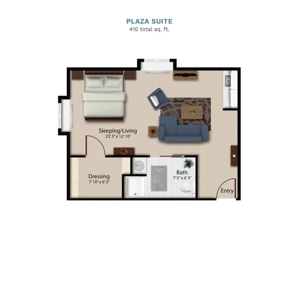 Vintage Park floor layout "Plaza Suite." The suite is 410 total square feet with