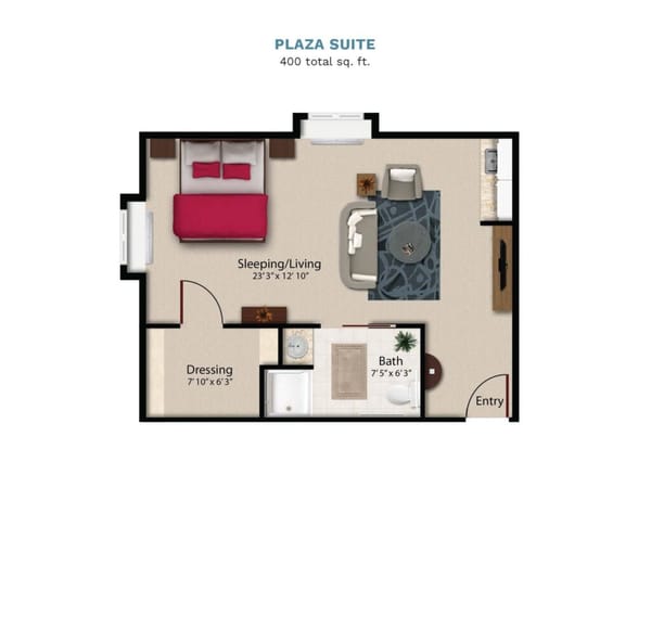 Vintage Park "Plaza Suite" floor layout boasts 400 total square feet. This suite