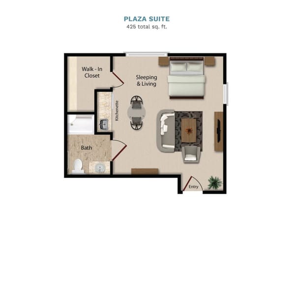 Vintage Park floor layout "Plaza Suite." The suite is 425 total square feet with