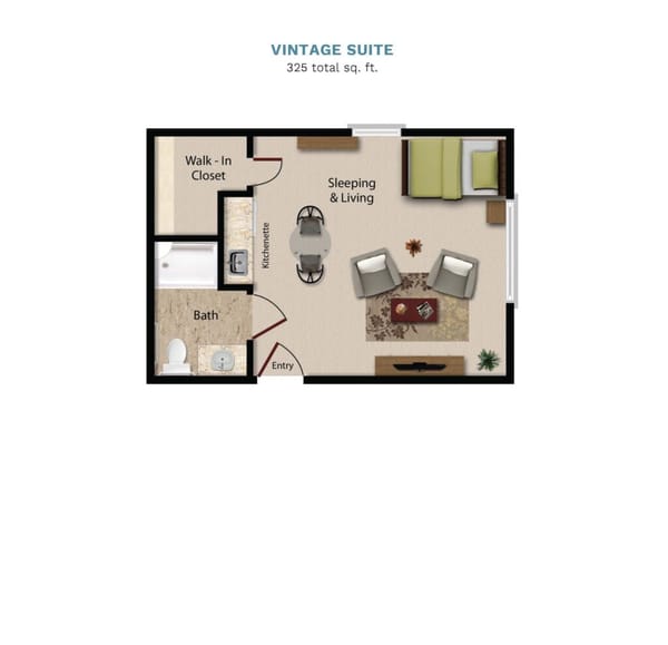 Vintage Park floor layout "Vintage Suite." The suite is 325 total square feet wi