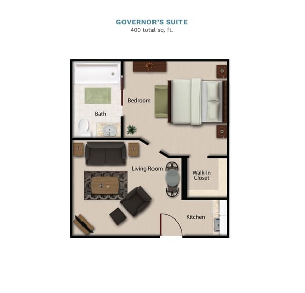 Vintage Park floor layout "Governor's Suite." The suite is 400 total square feet