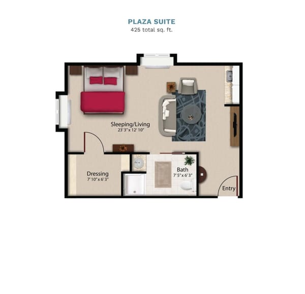 Vintage Park "Plaza Suite" floor layout boasts 425 total square feet. This suite