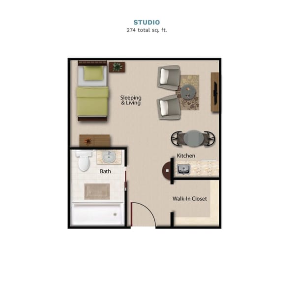 Vintage Park floor layout "Studio." The studio is 274 total square feet with a b