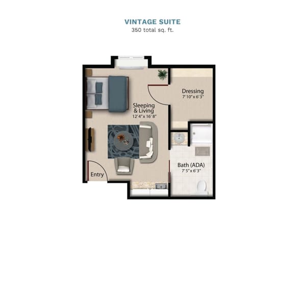 Vintage Park "Vintage Suite" floor layout boasts 350 total square feet. This sui