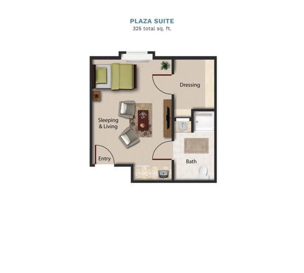 Vintage Park floor layout "Plaza Suite." The suite is 325 total square feet with
