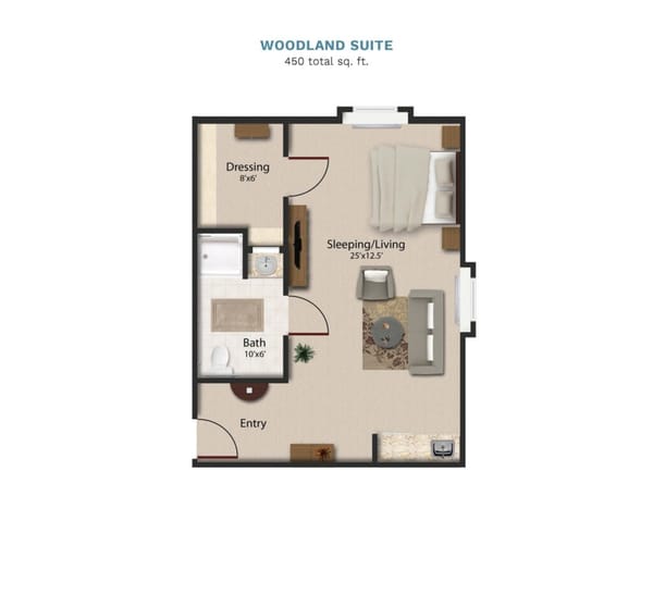 Vintage Park "Woodland Suite" floor layout boasts 450 total square feet. This su