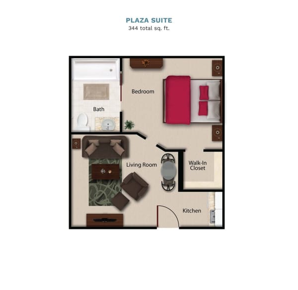 Vintage Park floor layout "Plaza Suite." The suite is 344 total square feet with