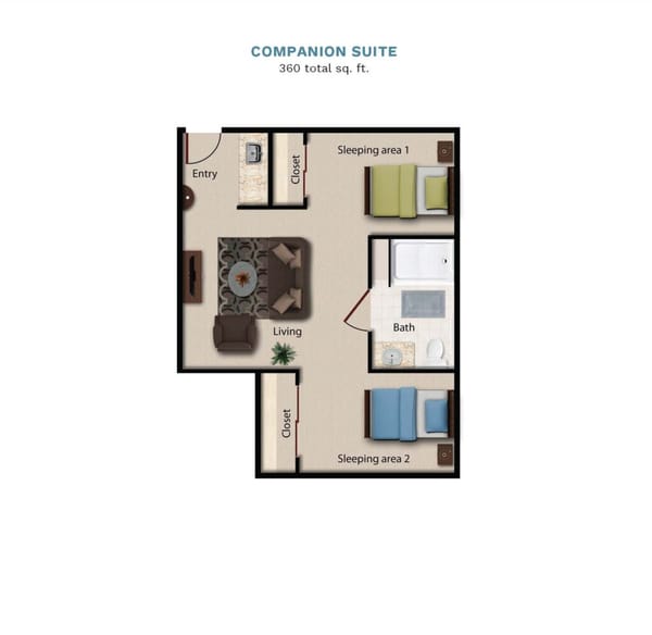 Vintage Park floor layout "Companion Suite." The suite is 360 total square feet 
