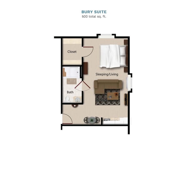 Vintage Park "Bury Suite" floor layout boasts 500 total square feet. This suite 