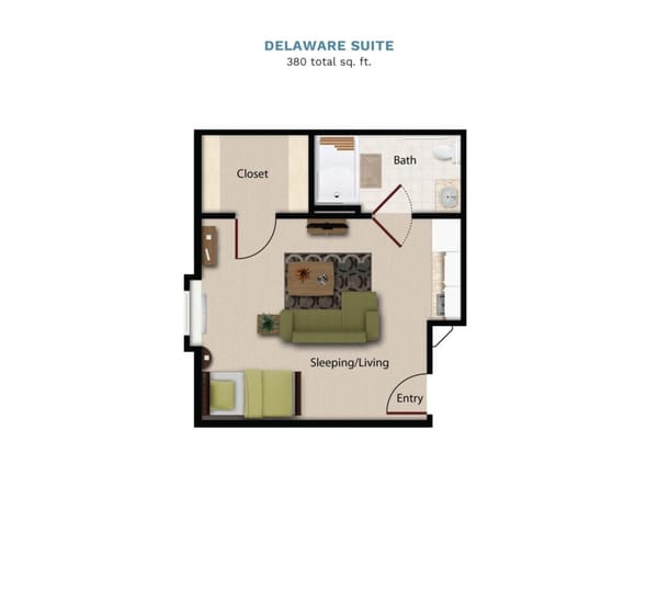 Vintage Park "Delaware Suite" floor layout boasts 380 total square feet. This su