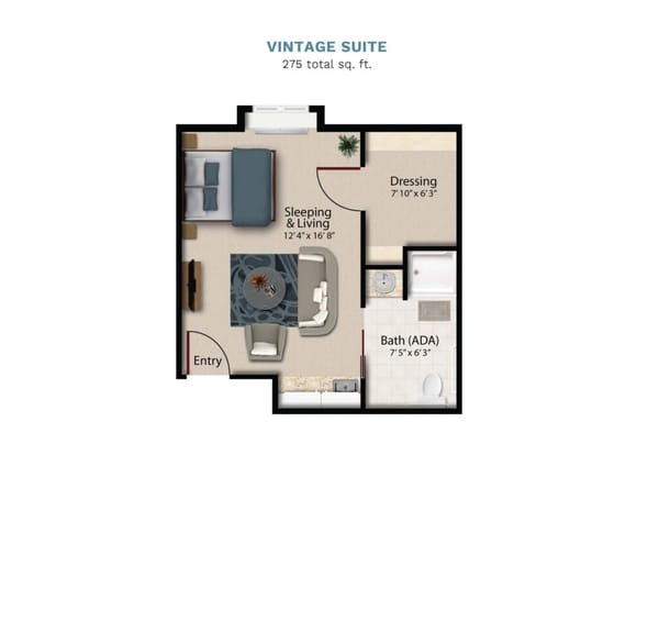 Vintage Park "Vintage Suite" floor layout boasts 275 total square feet. This sui