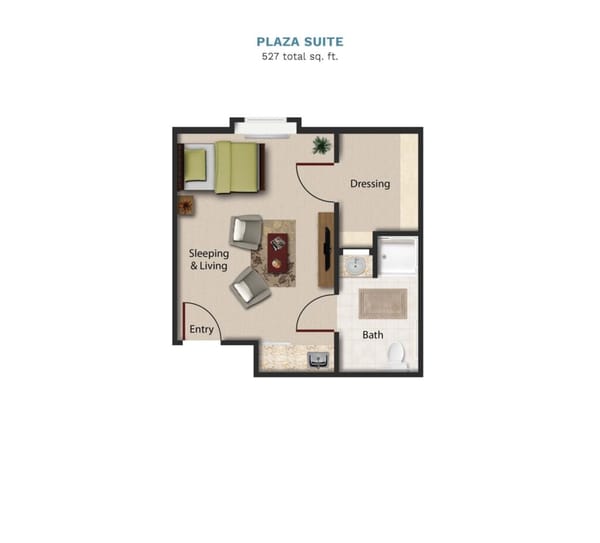Vintage Park floor layout "Plaza Suite." The suite is 527 total square feet with