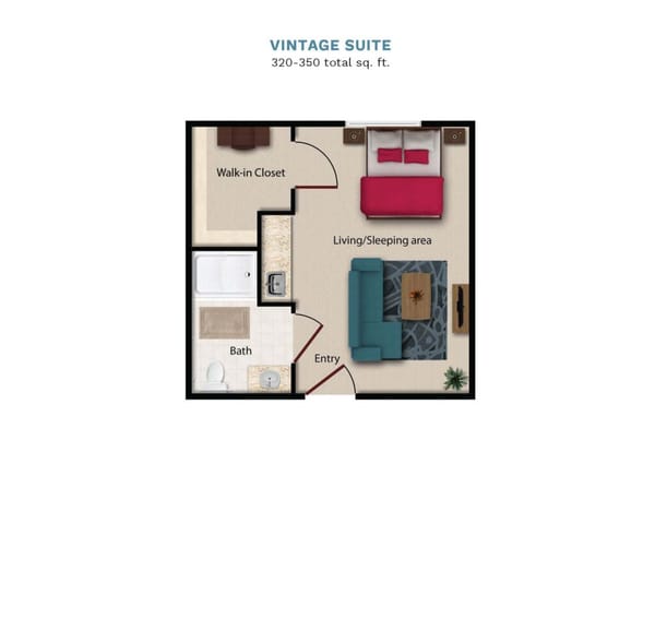 Vintage Park "Vintage Suite" floor layout boasts 320-350 total square feet. This