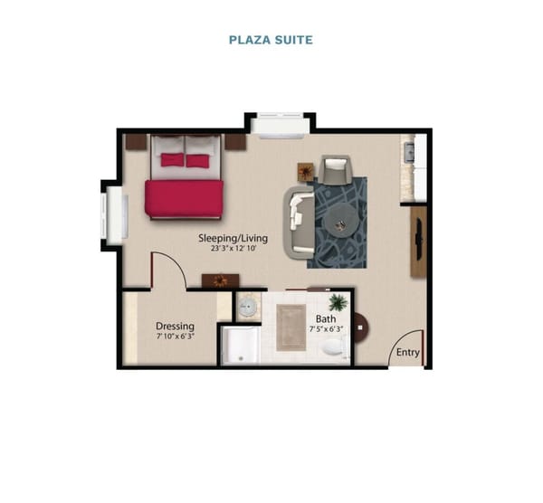 Vintage Park "Plaza Suite" floor layout boasts 425 total square feet. This suite