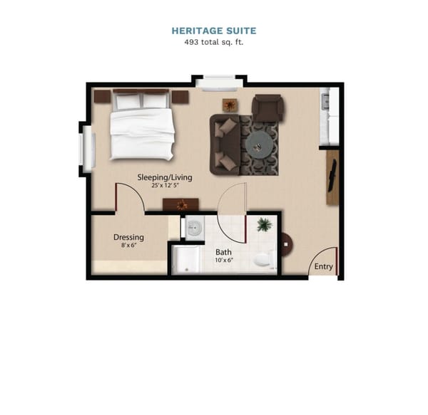 Vintage Park "Heritage Suite" floor layout boasts 493 total square feet. This su