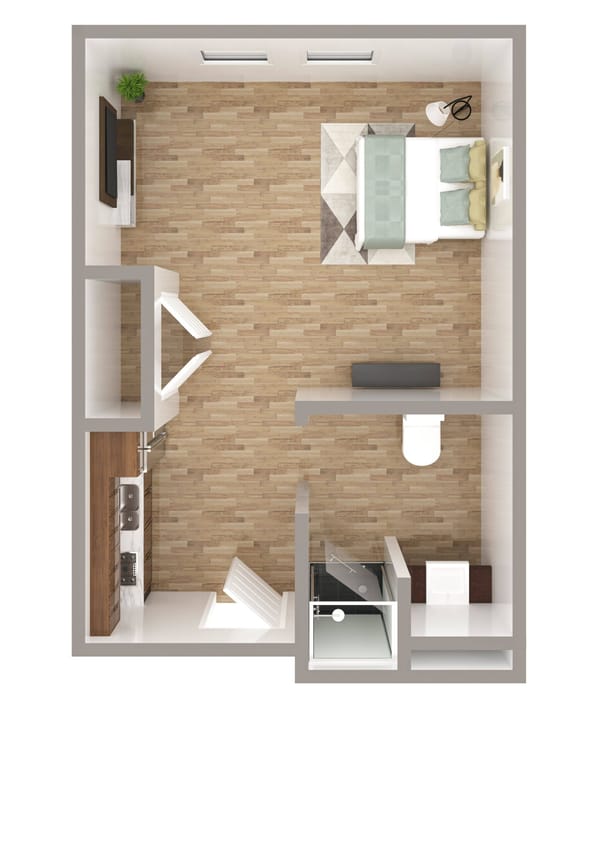 Stylish room layout with bed and sitting area