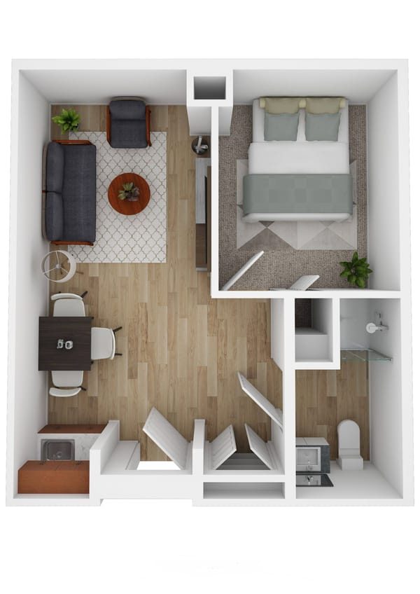 A floor plan of a one-bedroom unit