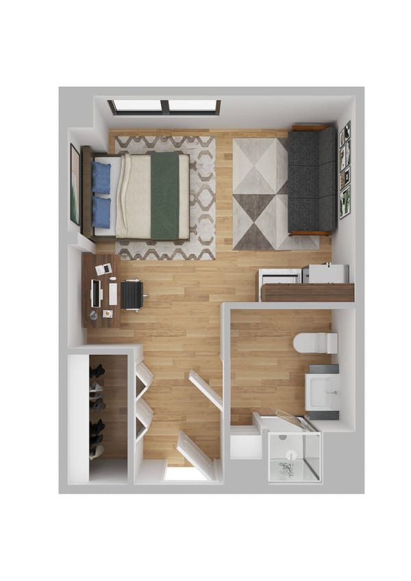 Interior layout of a resident room with furniture