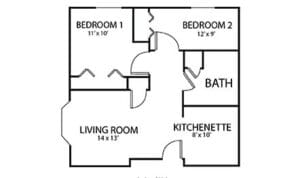 Architectural floor plan of a two-bedroom apartment layout
