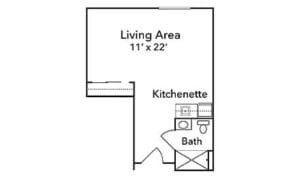 Brayden Park, assisted living in San Angelo, TX — Floor plan of a senior living unit showing kitchenette and bath