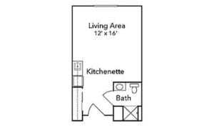 Brayden Park, assisted living in San Angelo, TX — Floor plan of a living area with kitchenette and bath