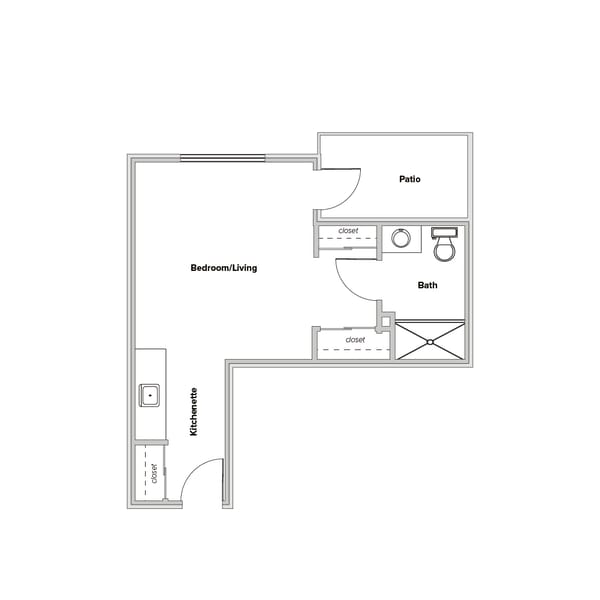 Architectural floor plan of a one-bedroom unit