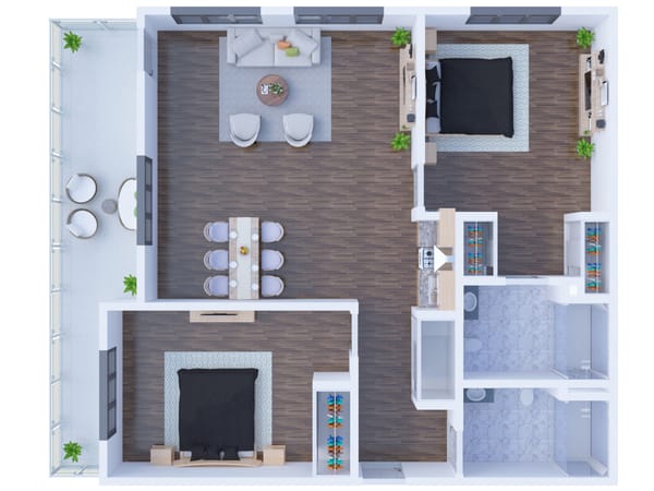 Floor plan of a two-bedroom unit with living area